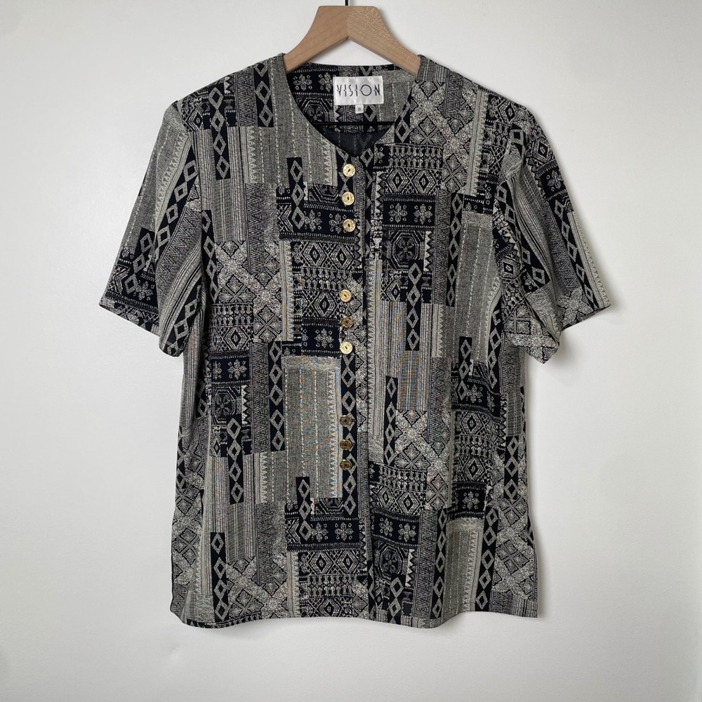 Vintage Vision Blouse Womens Black Gray Geometric Button Front 90s Eclectic Boho